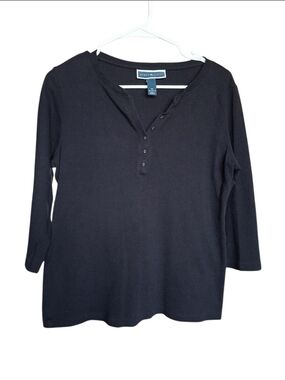 Karen Scott Black Button Henley Long Sleeve Top 3/4 Sleeves Size M